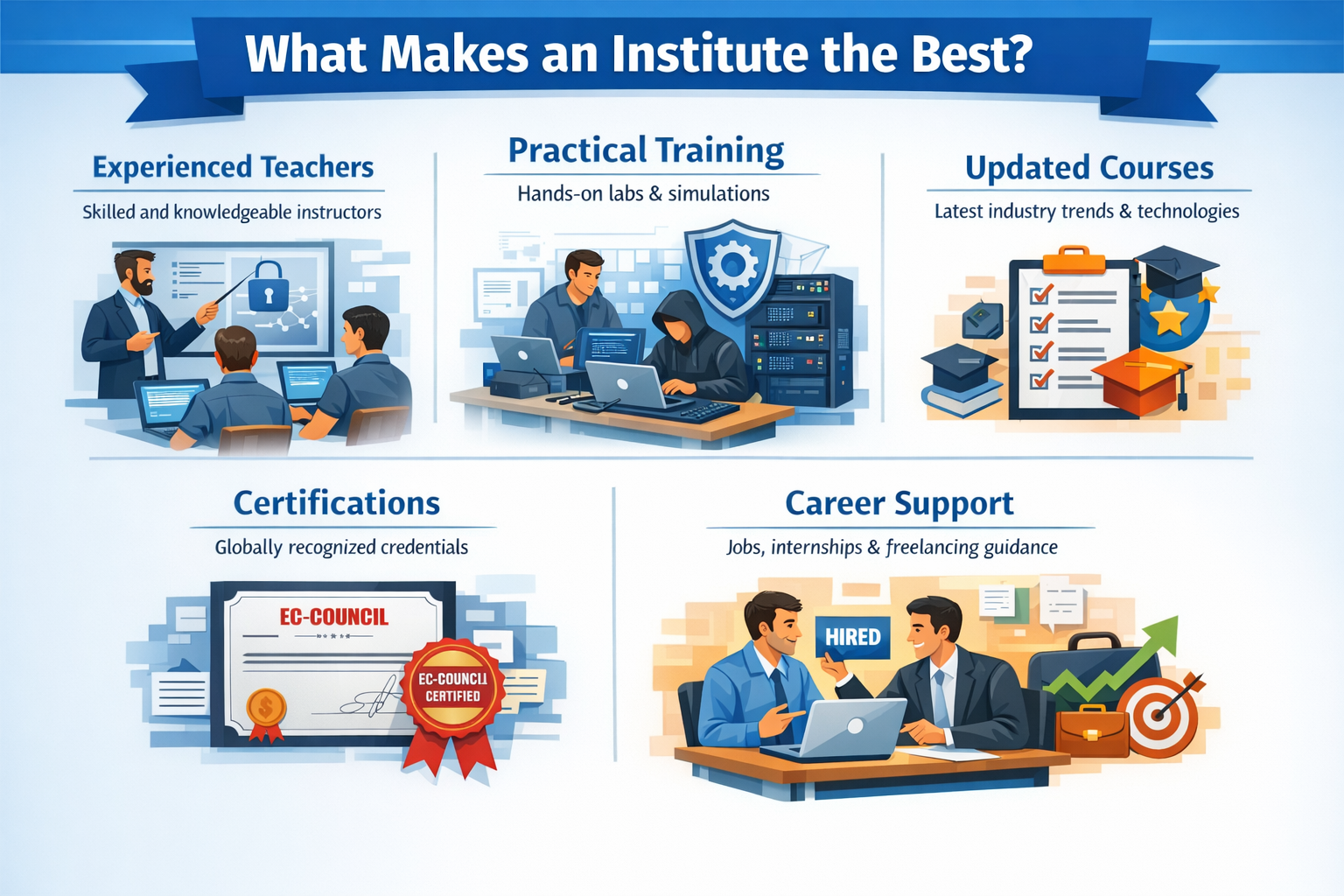 Infographic showing what makes an institute the best for Cyber Security training including experienced teachers, hands-on practical training, updated courses, globally recognized certifications, and career support.