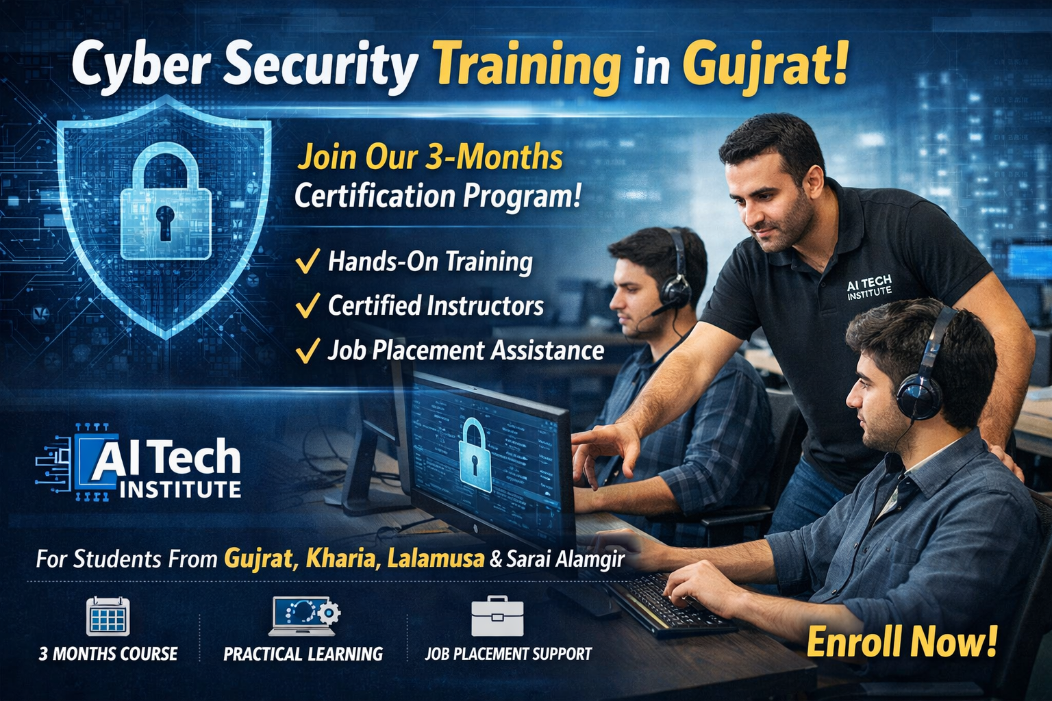 Cyber Security Training in Gujrat at AI Tech Institute with certified instructors, hands-on learning, and job placement support for students from Gujrat, Kharia, Lalamusa, and Sarai Alamgir.