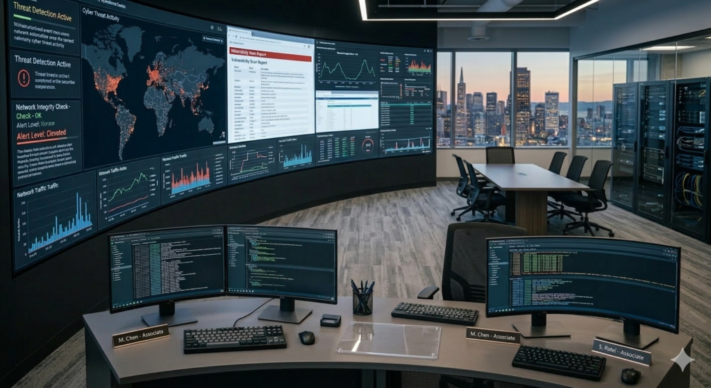 Cisco CyberOps Associate SOC monitoring dashboard showing cyber threat detection and security operations center analytics