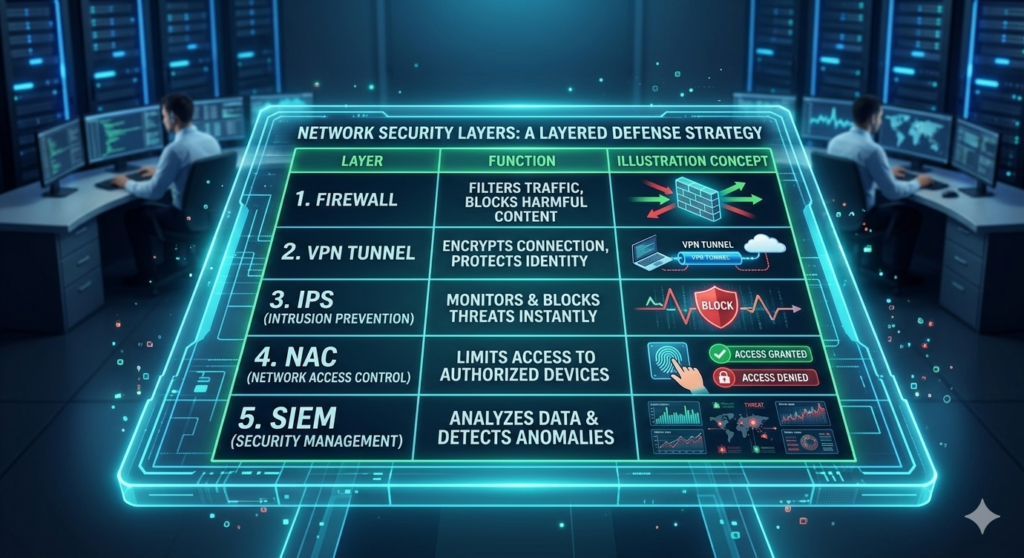 Network security layers diagram showing firewall, VPN, IPS, NAC, and SIEM for layered defense strategy