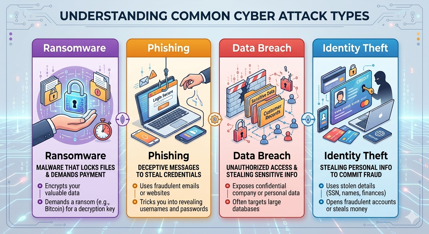 Understanding Cybersecurity-explaining common cyber attacks: ransomware, phishing, data breach, and identity theft with definitions and examples.