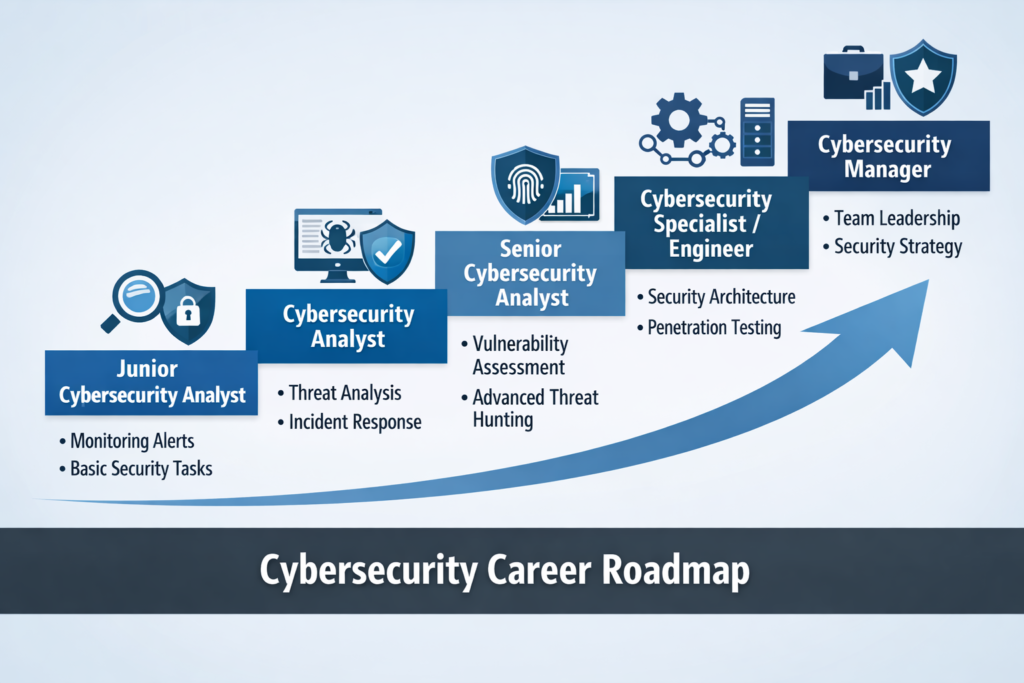 Cybersecurity career roadmap showing progression from Junior Cybersecurity Analyst to Cybersecurity Manager with key responsibilities at each level.
